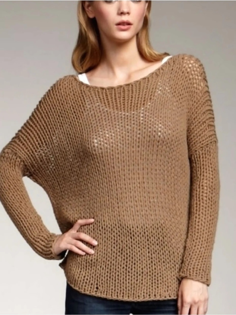 Vince Loose Knit Wool Boat Neck Chunky Brown Sweater Women’s S